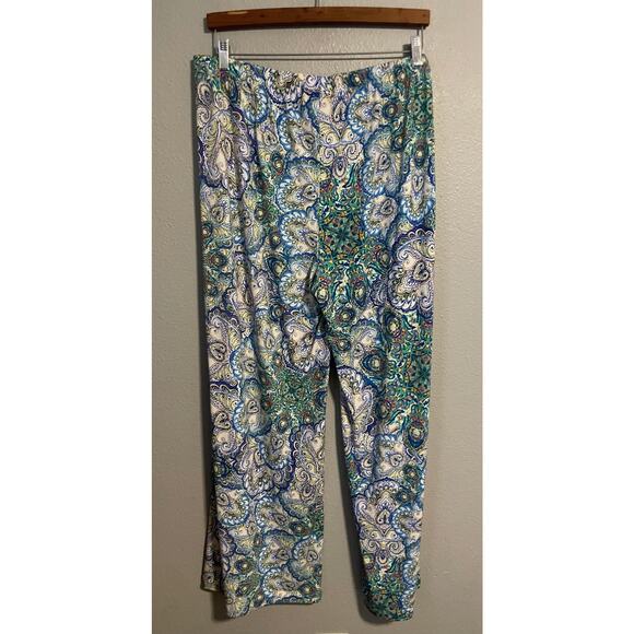 Chico's Pants Womens 3 US XL Blue Green Paisley Pull On Wide Leg Cropped Stretch - Picture 2 of 9